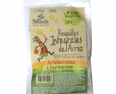 Paquete de rosquillas artesanales con arroz integral, garbanzos, semillas de chia y linaza. Apta para veganos y libre de gluten.