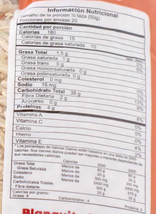 tabla nutricional arroz integral